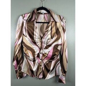 Cache Y2K Satin Swirl Button Up Blouse Womens M Retro Pink Brown